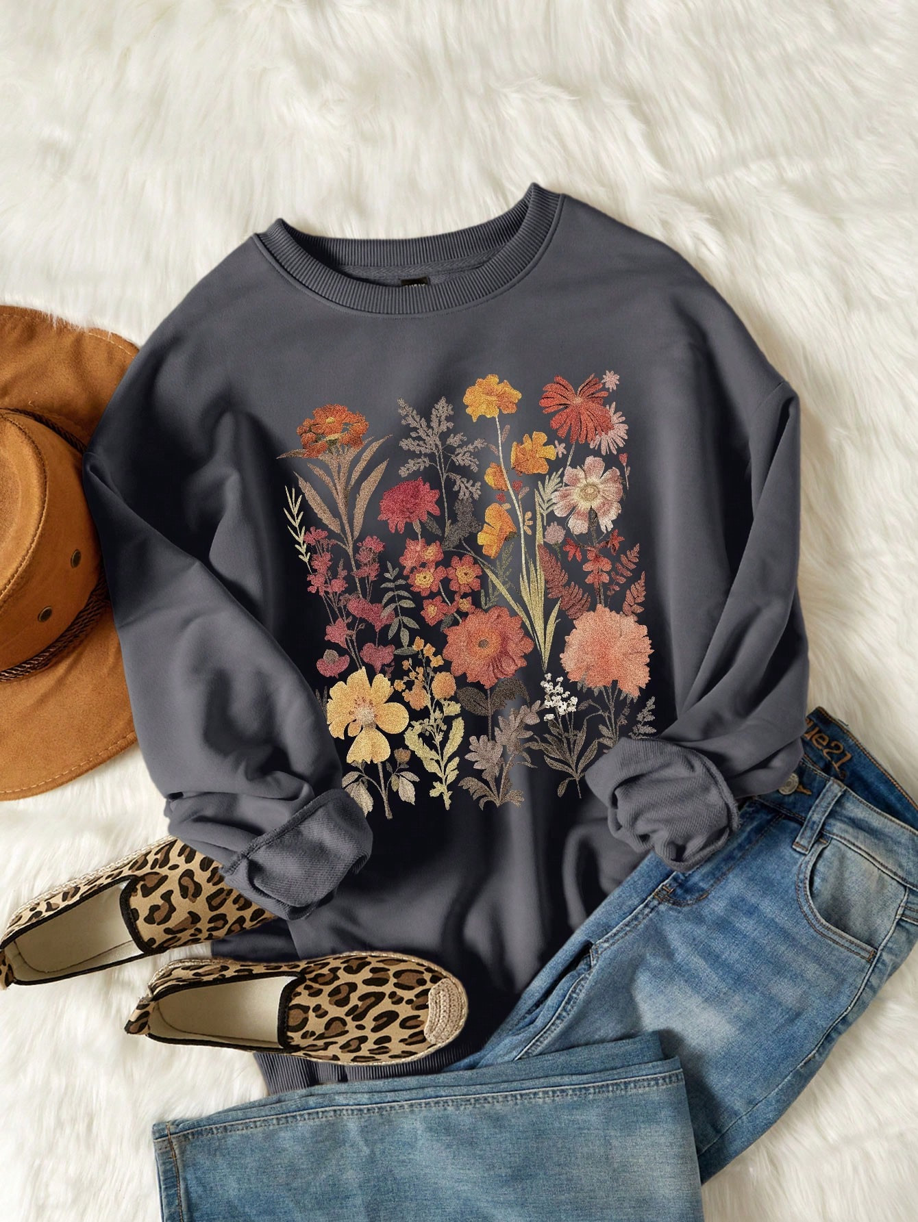 TrendsSHEIN Attitoon Casual Minimalist Floral Print Pattern Round Neck Long Sleeve Loose Fit Swea... | SHEIN