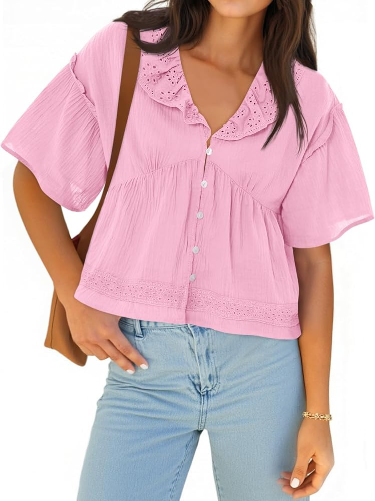 Cicy Bell Womens Cropped Babydoll Tops Summer Eyelet V Neck Short Sleeve Cute Blouses Ruffle Shir... | Amazon (US)
