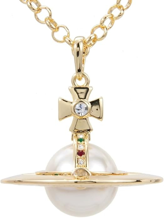 Colorful Saturn Necklace for Women - Sky Star Saturn Planet Pendant with Simulated Pearl(Gold+Whi... | Amazon (US)