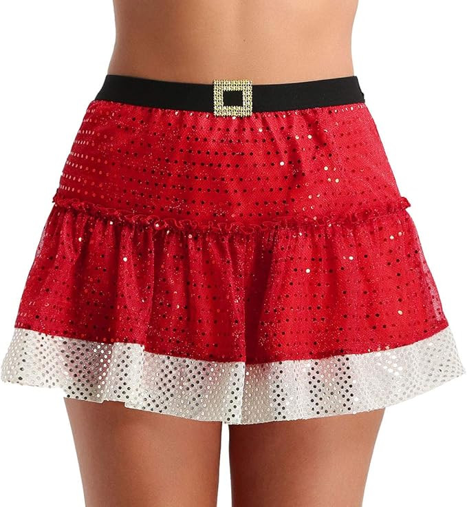 Hedmy Women's Santa Claus Red Shiny Sequins Short Skirt Fancy Tutu Skirt Flared Mini Skater Skirt | Amazon (US)