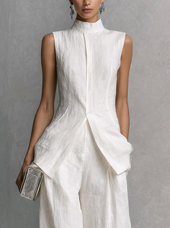 Elegant Linen Sleeveless Vest Stand Collar Asymmetrical Hem Office Wear | Stylewe