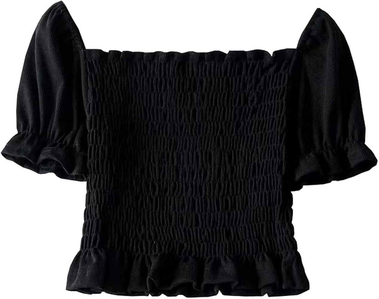 R.Vivimos Women's Summer Knit Shirred Short Sleeve Ruffle Blouse Crop Top | Amazon (US)