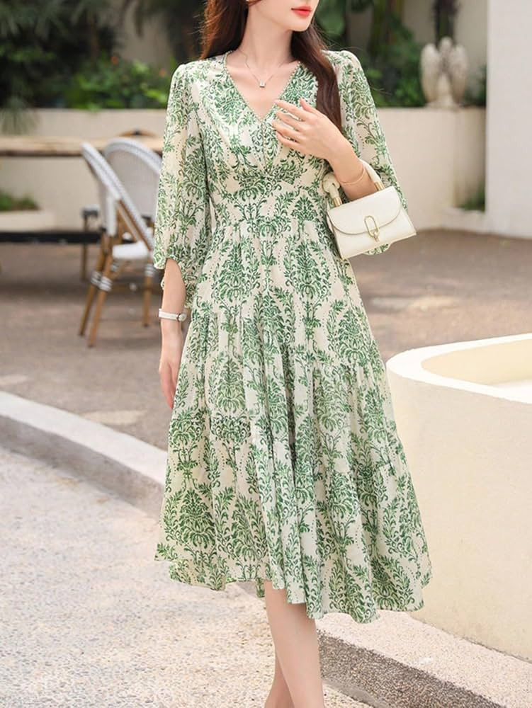 LUBOSE Dresses for Women Women's Dress Allover Print Lantern Sleeve Ruffle Hem Dress Dresses (Col... | Amazon (US)