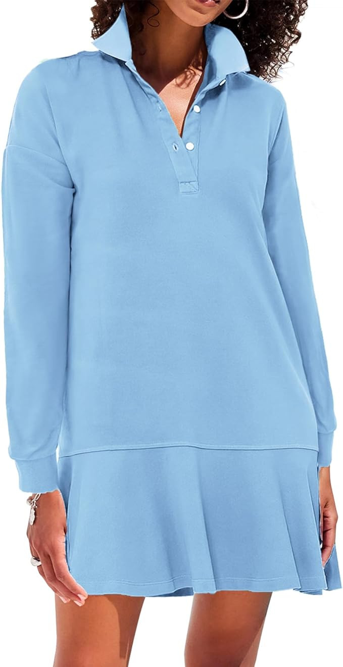 Women's Polo Dress Long Sleeve Collared V-Neck Ruffle Hem Mini Dresses for 2026 Spring | Amazon (US)