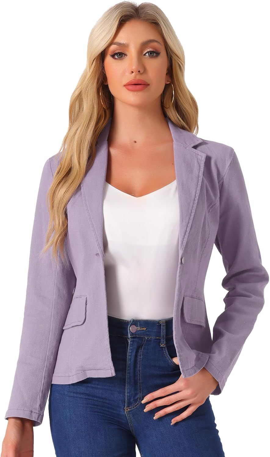 Allegra K Women's Notched Lapel One Button Long Sleeve Washed Business Denim Blazer | Amazon (US)