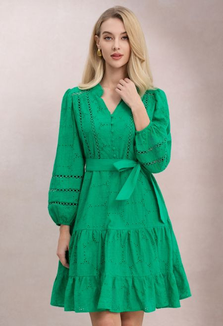 Blossom Eyelet Embroidery Puff Sleeve Cotton Dress in Green for Garden Picnics & Cottage Style Lo... | Chicwish