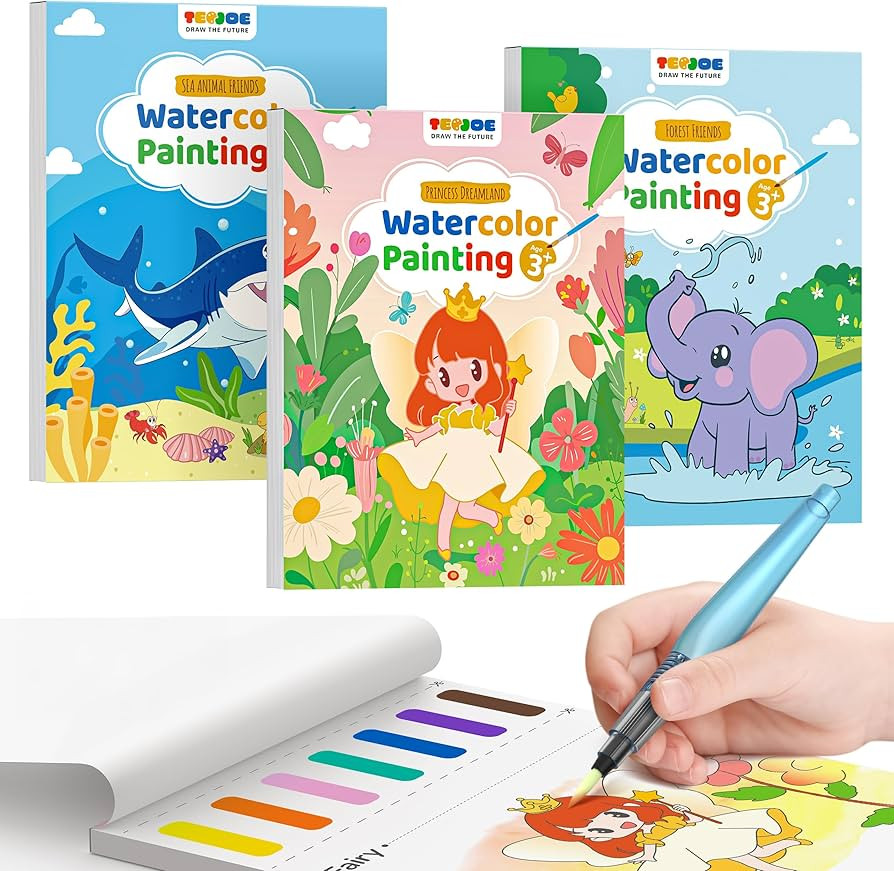 TECJOE 3 Pack Paint with Water Coloring Books for Toddlers, Watercolor Paint Set with 6 Brushes, ... | Amazon (US)