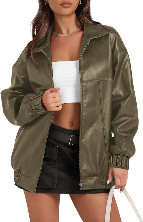 Yousify Womens Leather Jacket Oversized Faux Casual Zip Up Bomber Motorcycle Jackect Trendy Fall ... | Amazon (US)