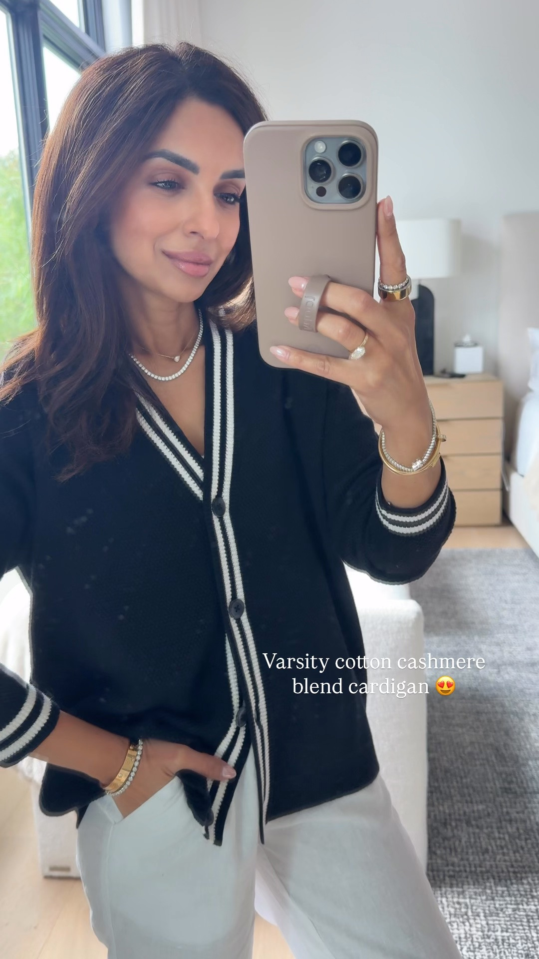 I love this super soft cotton cashmere blend varsity style cardigan from @quince! Such a great comfy piece that gives an everyday look such an elevated vibe 👌🏽 wearing an xs in both top and bottoms! #quincepartner

#LTKOver40 #LTKPetite