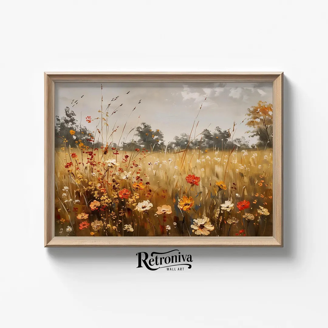 Fall Wildflower Field Oil Painting Autumn Landscape Wall Art | Vintage Flowers Print Farmhouse Wa... | Etsy (US)
