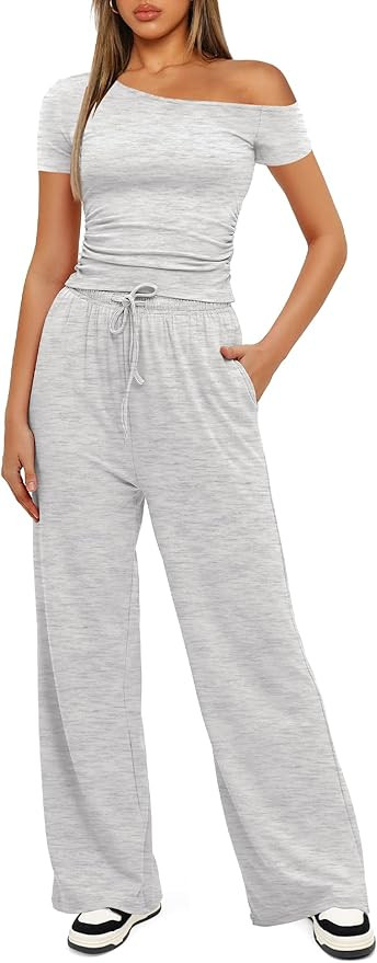 Darong Women's 2 Piece Outfits Lounge Sets Off Shoulder Short Sleeve Tops and High Waisted Wide L... | Amazon (US)