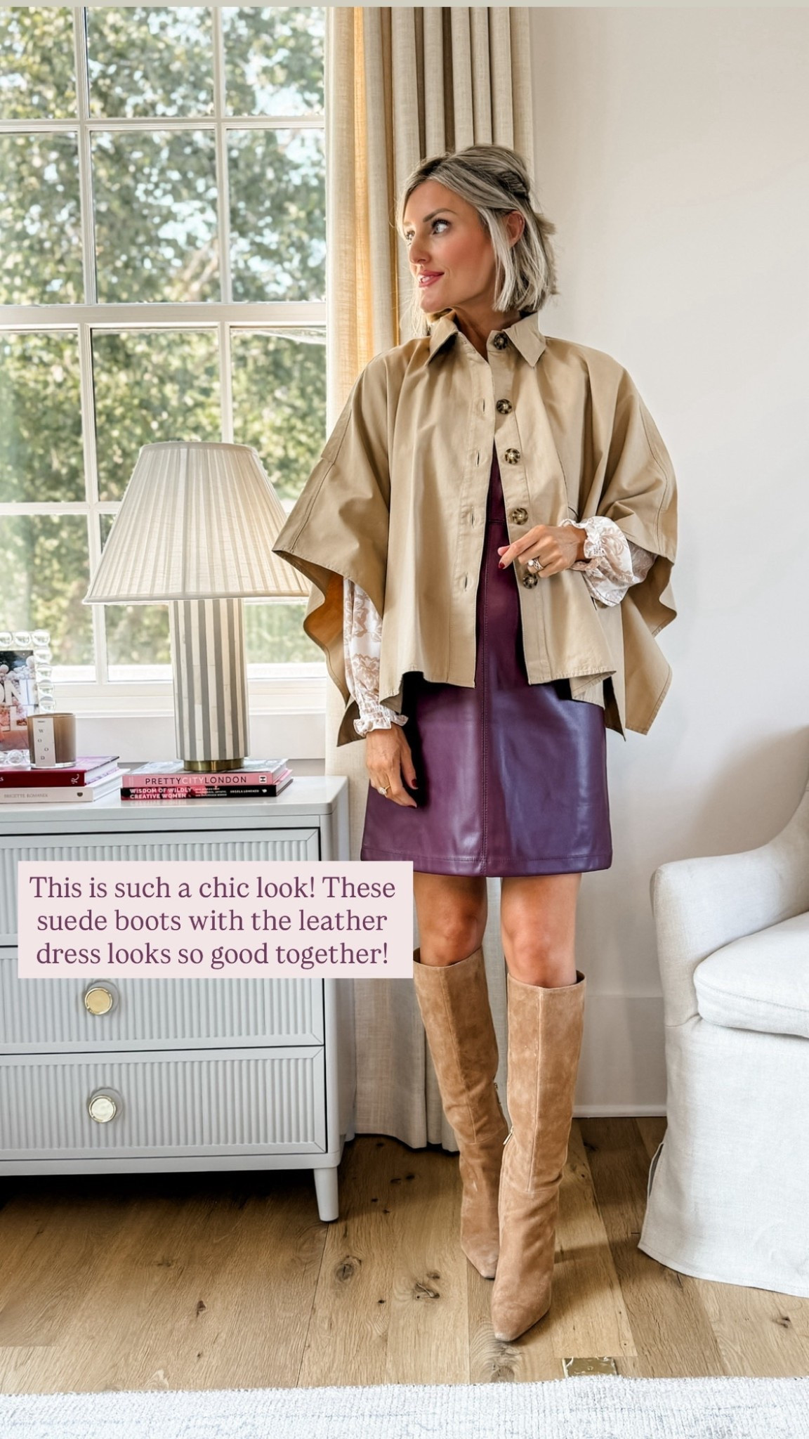 Loving this neutral poncho trench paired with a neutral floral blouse for fall! The faux leather jumper in the color of the season ads a layer of texture and paired with my favorite neutral suede boots-this is the perfect fall layered look! Wearing an XS in the top, a 0 in the dress, xs in the poncho. Loverly grey, fall outfit, burgundy, fall fashion 

#LTKBump #LTKSeasonal #LTKStyleTip