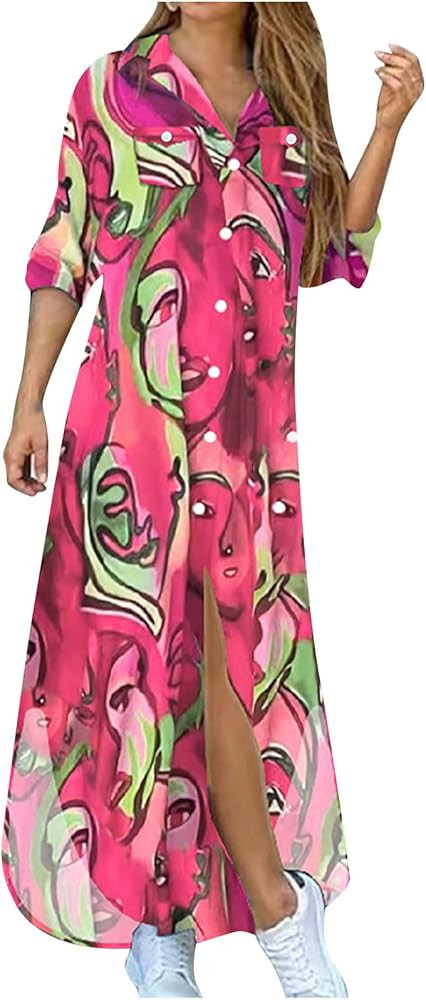 Ruziyoog Women's Summer Abstract Face Printed Dress with Pockets Casual Long Sleeve Loose Dresses... | Amazon (US)
