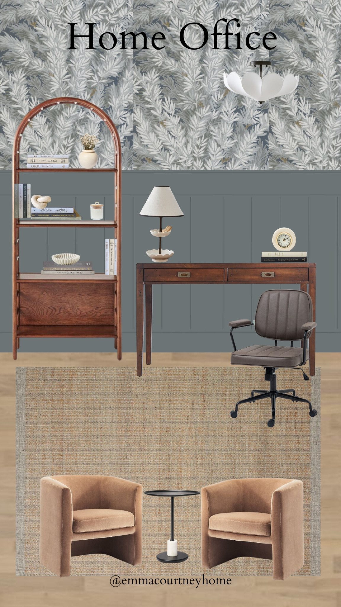 Moody home office inspo with mood board. Wallpaper, dark wood desk and arched bookcase from target. Love how his turned out 

#LTKstyletip #LTKSeasonal #LTKhome