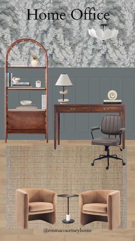 Moody home office inspo with mood board. Wallpaper, dark wood desk and arched bookcase from target. Love how his turned out 

#LTKstyletip #LTKSeasonal #LTKhome