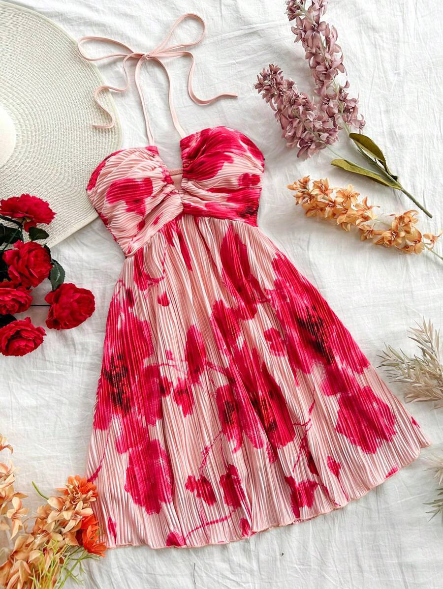 Soleia Women's Vacation-Style Tie Dye Floral Printed A-Line Tie Front Halter Neck Flowing Dress, ... | SHEIN