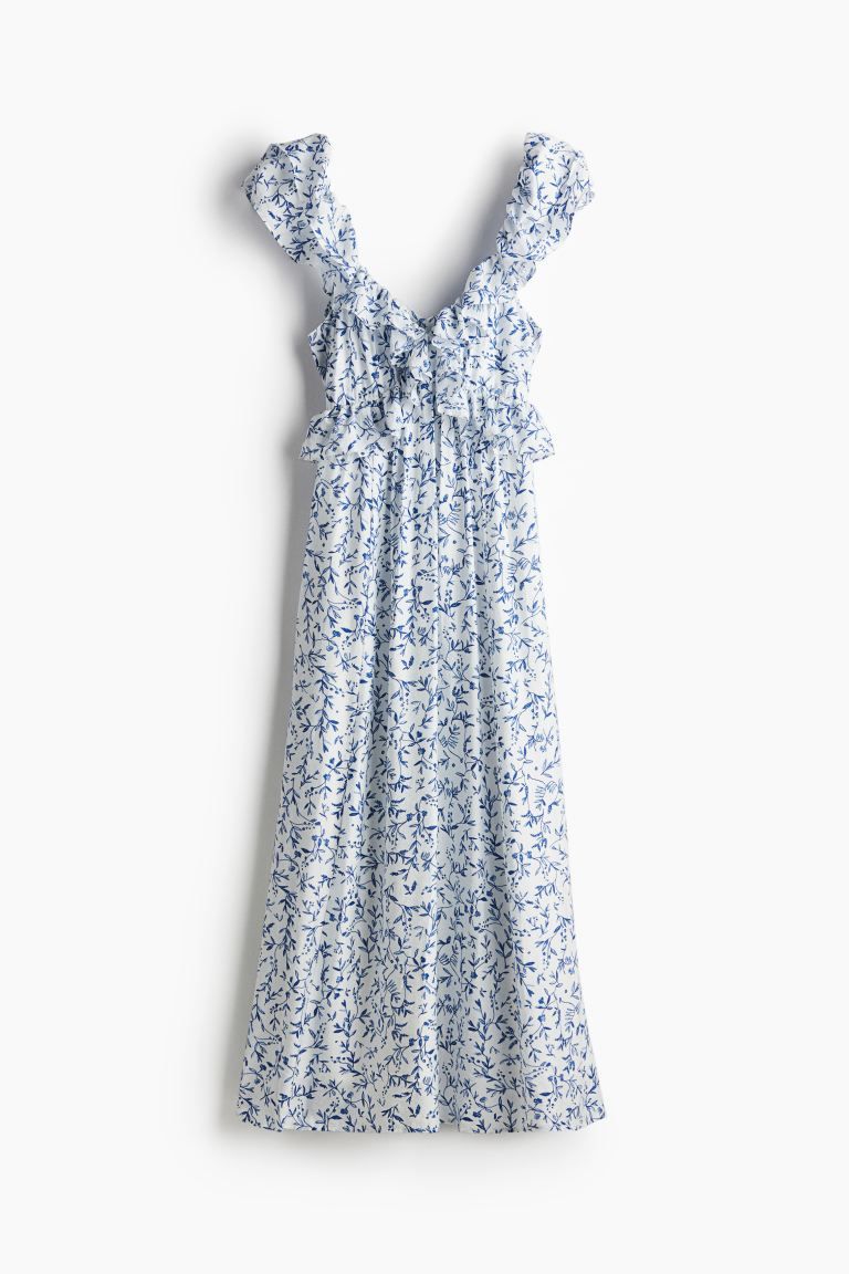 Ruffle-trimmed Midi Dress - Low-cut Neckline - Sleeveless - White/blue floral - Ladies | H&M US | H&M (US + CA)