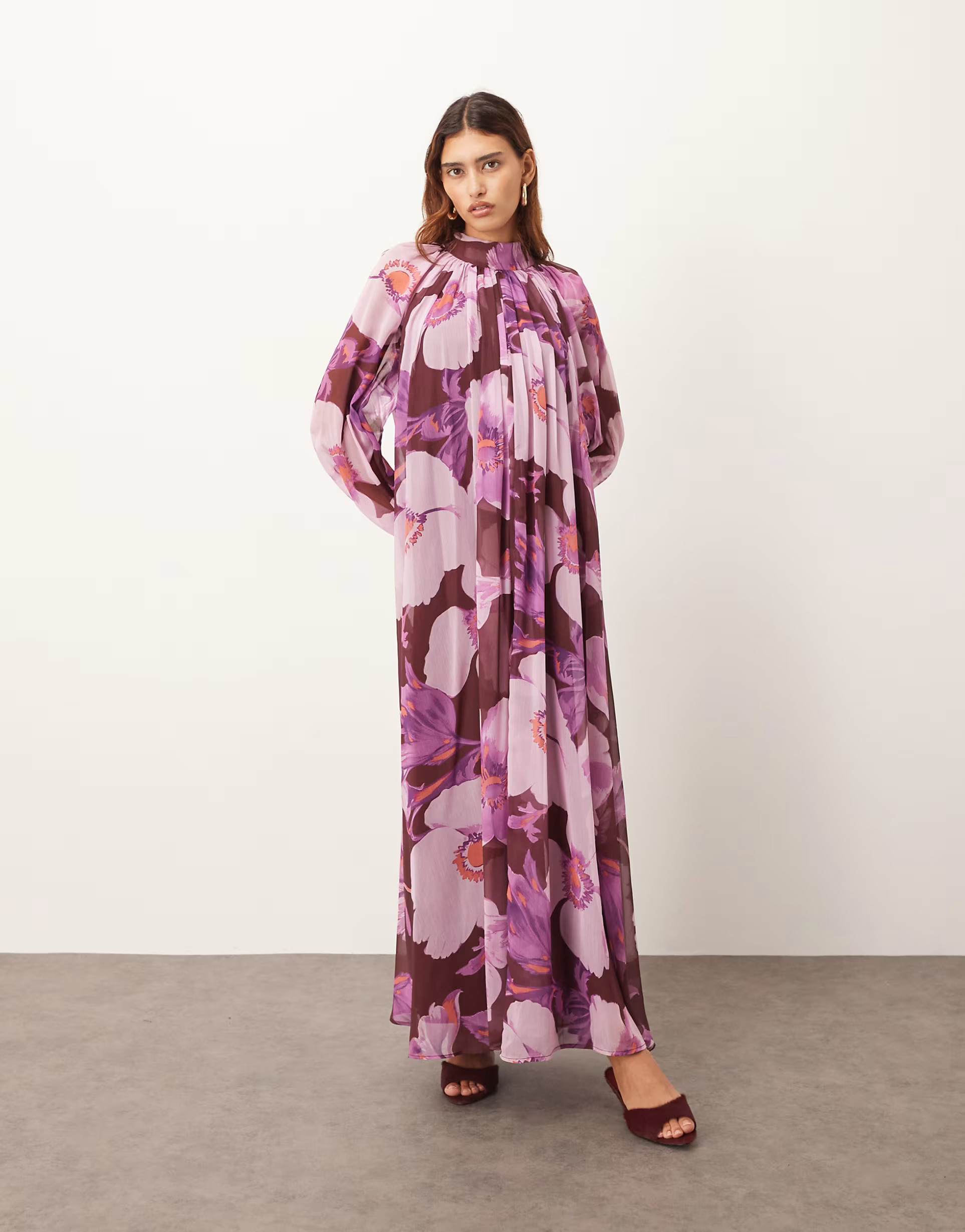 ARRANGE chiffon trapeze maxi dress with balloon sleeves in burgundy floral | ASOS | ASOS (Global)