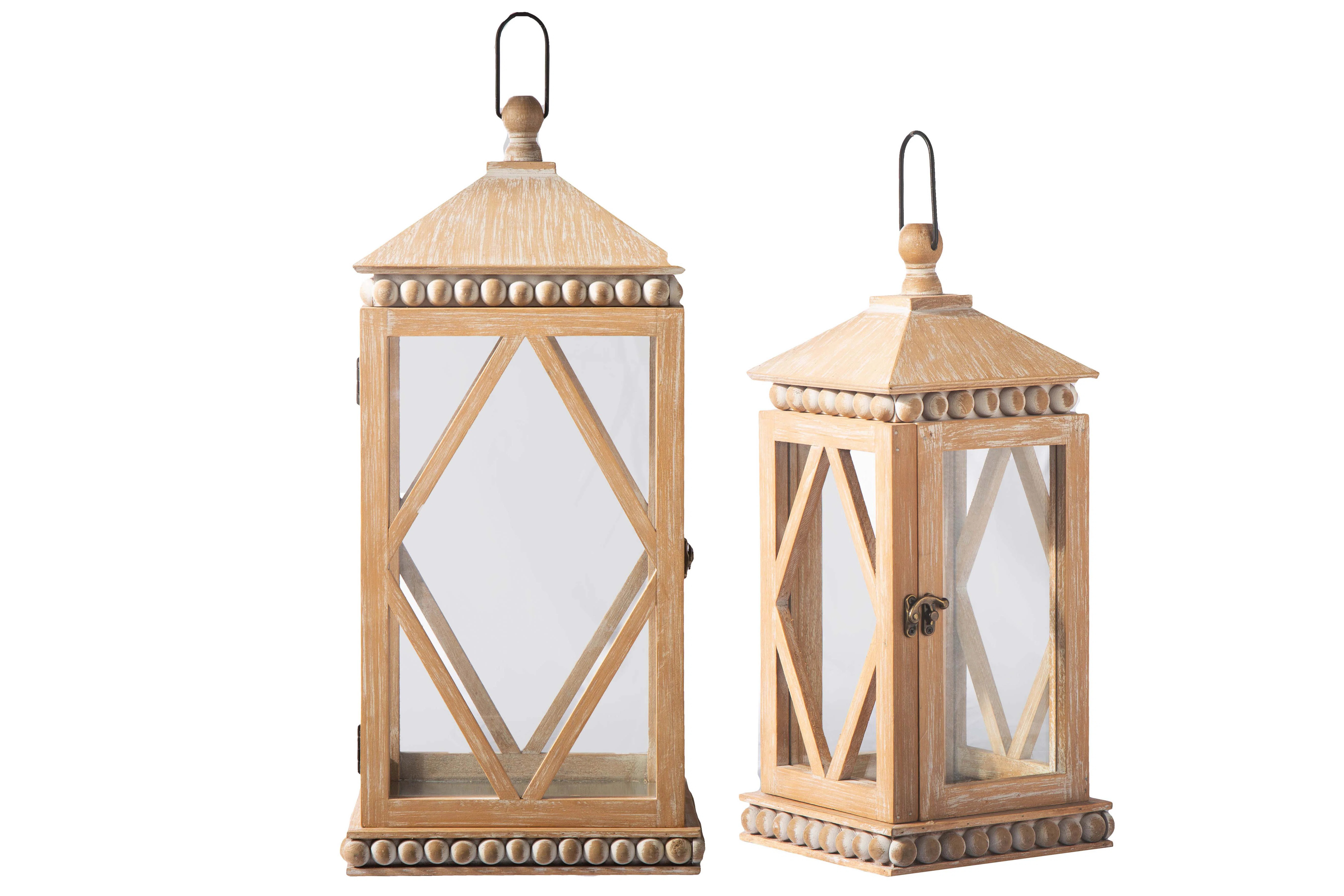 Wood Square Lantern with Top Metal Ring Hanger, Banded Beads and "Diamond Window" Design Body Set... | Wayfair North America