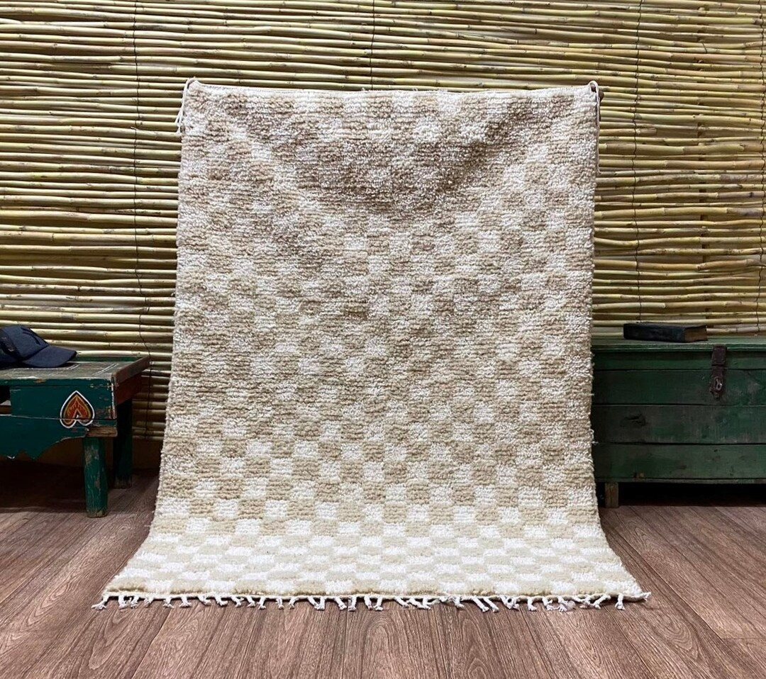 100% Wool CUSTOM MOROCCAN White area rug "" Berber runner rug "" larger Checkered rug  "  Beige a... | Etsy (US)
