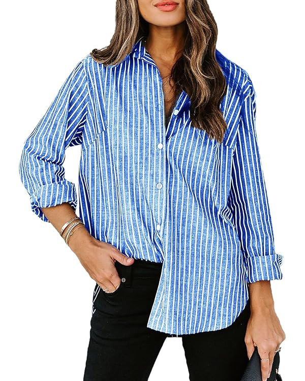 Women's Stripes Button Down Shirts Roll-up Sleeve Tops V Neck Casual Work Blouses | Amazon (US)