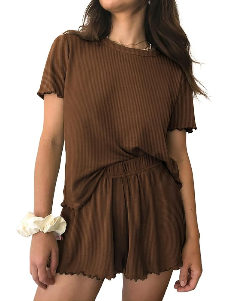 Ekouaer Womens Pajamas 2 Piece Ribbed Knit Pjs Short Sleeve Sleepwear Set Summer Soft Pajamas Set... | Amazon (US)