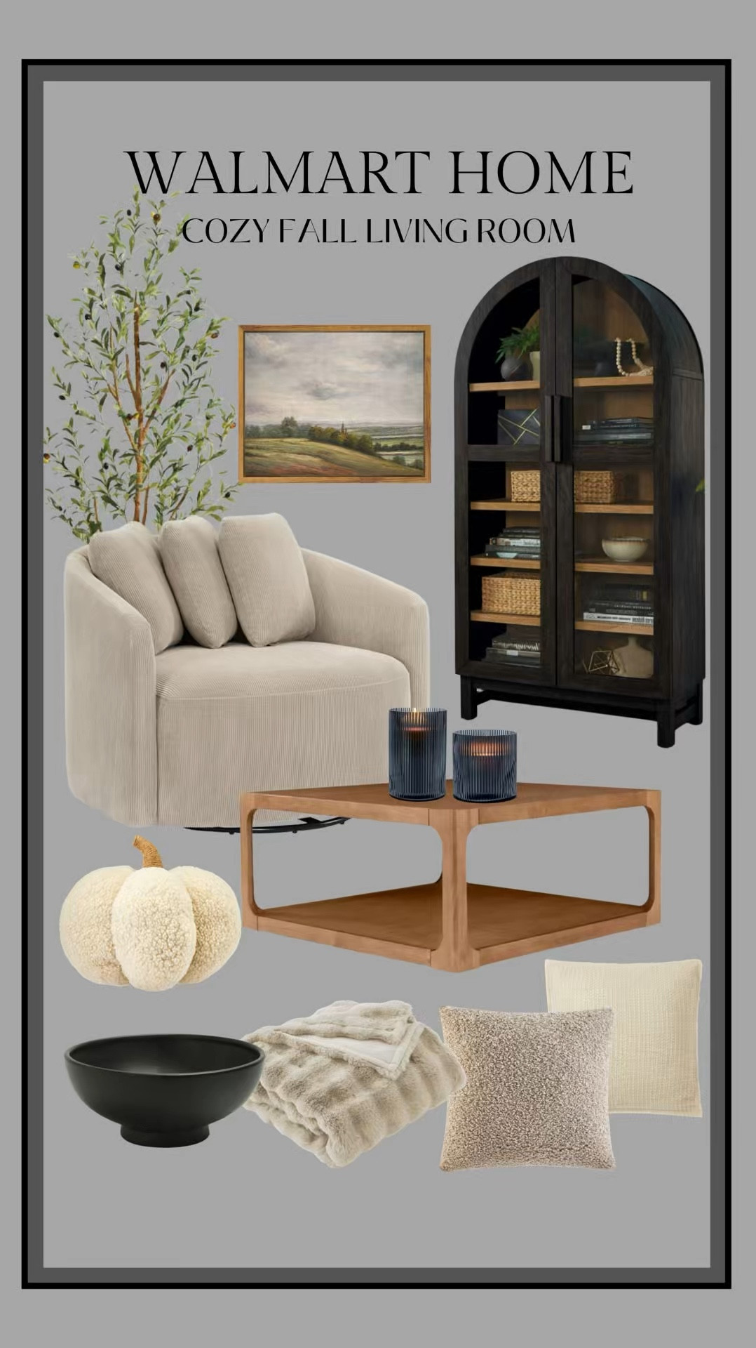 Cozy fall living room 🤎

Walmart home, arched cabinet, black cabinet, wood coffee table, square coffee table, swivel chair, faux olive tree, wall art, neutral living room, living room decor, fall decor, Christine Andrew 

#LTKVideo #LTKFindsUnder50 #LTKHome