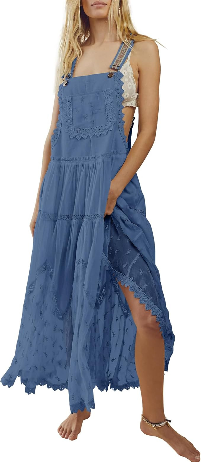 Gacaky Summer Dress for Women Casual Floral Embroidered Bohemian Dress Adjustable Straps Bib Maxi... | Amazon (US)