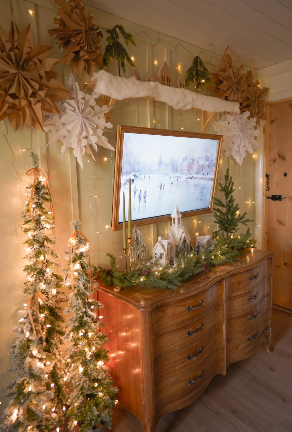 Winter wonderland Christmas decor • DIY snowflakes were made from brown & white paper lunch bags (tutorials are all over YouTube) 

#LTKHoliday #LTKhome #LTKSeasonal