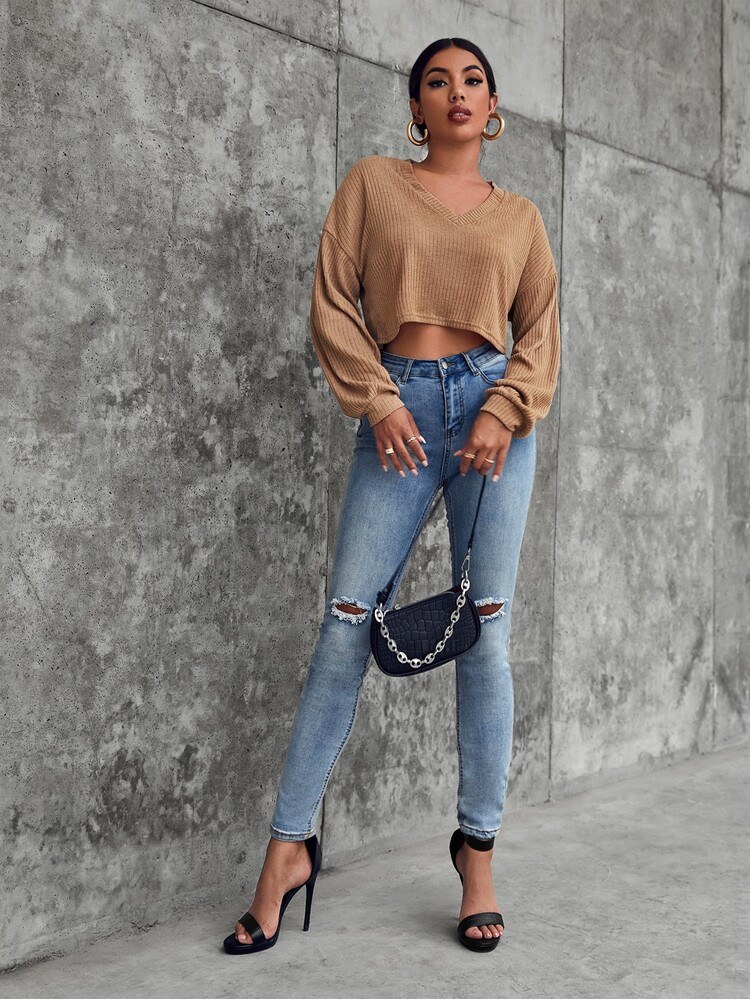 SHEIN V-neck Drop Shoulder Crop Tee | SHEIN