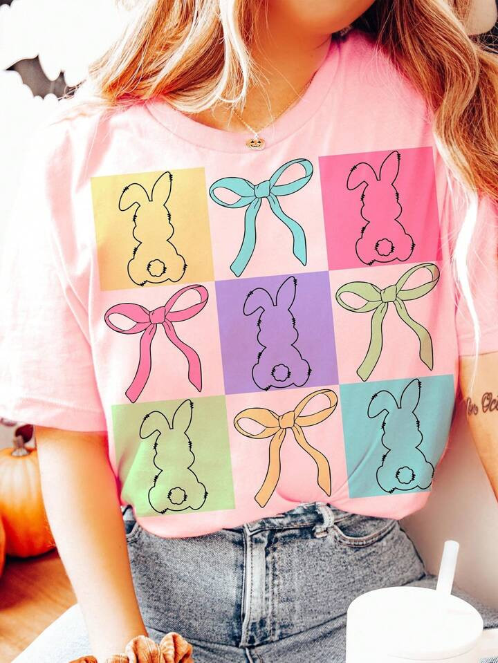 INAWLY Women's Contrast Color Rabbit Bow Print Round Neck Dropped Shoulder T-Shirt | SHEIN