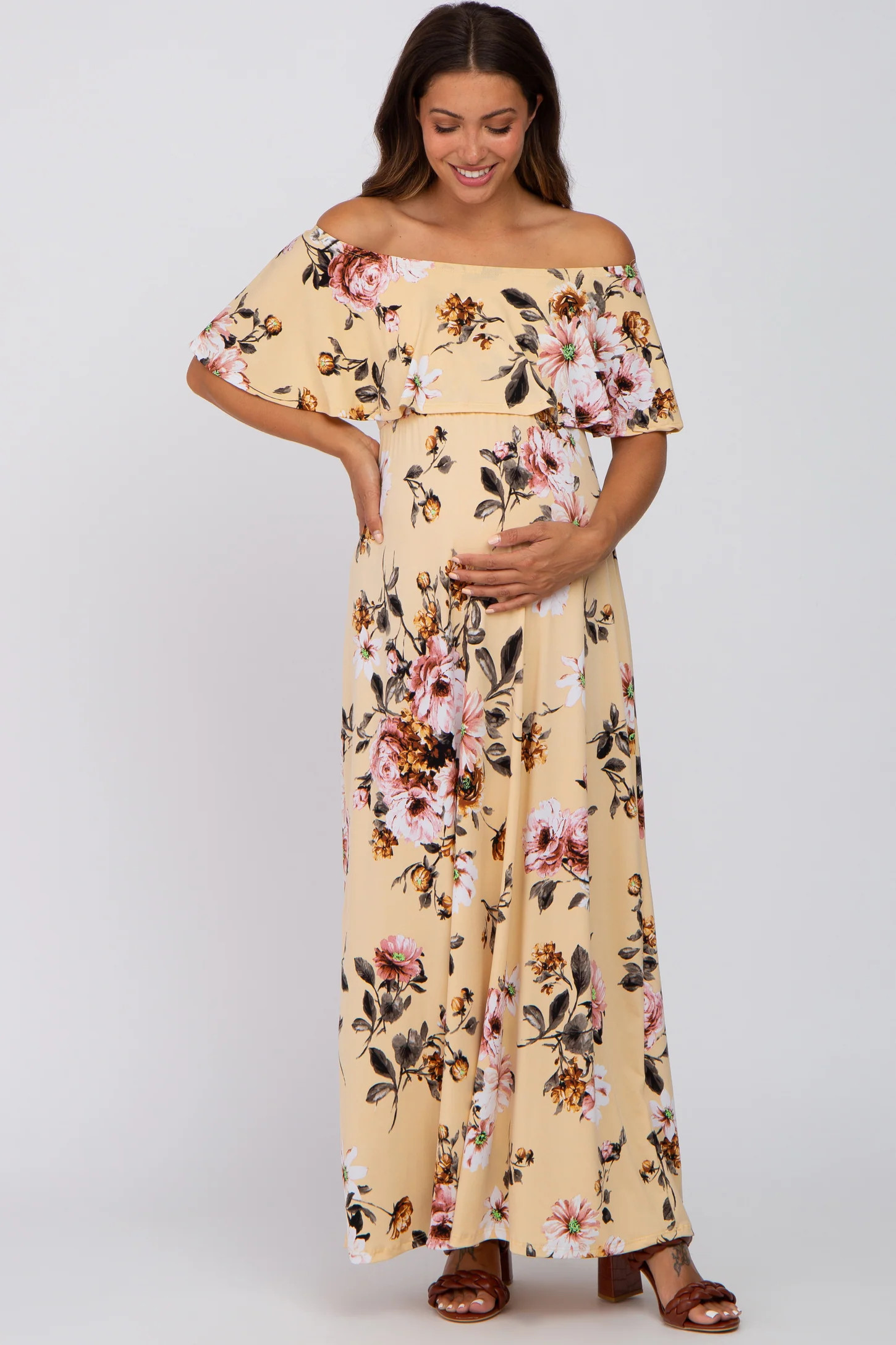 Yellow Floral Off Shoulder Maternity Maxi Dress | PinkBlush Maternity