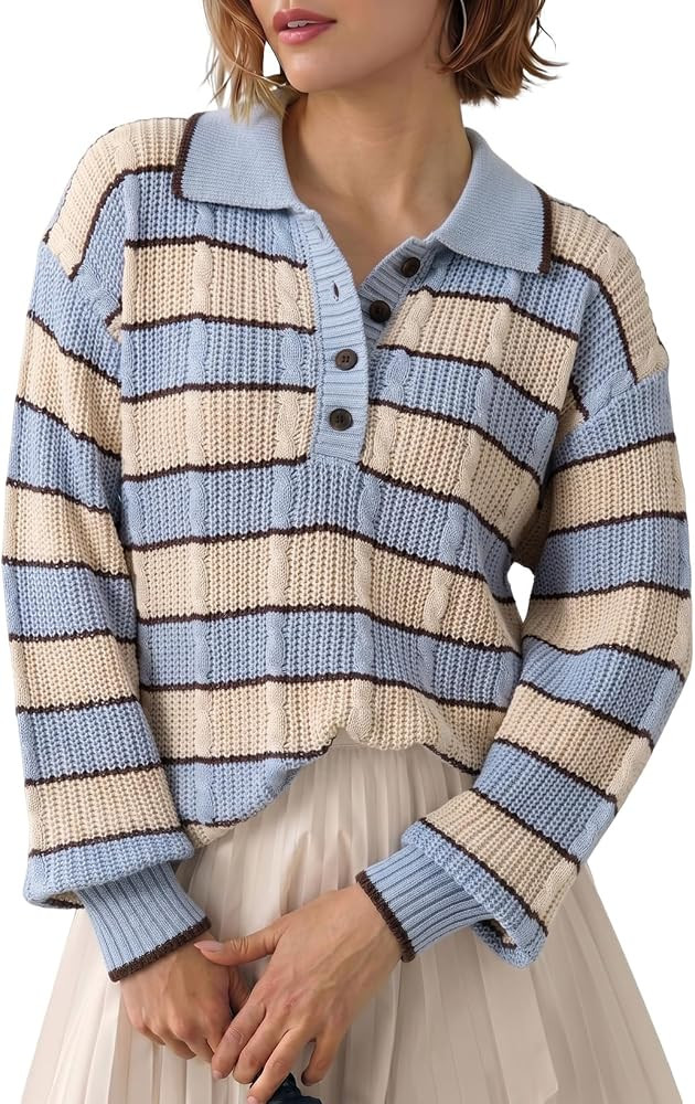 Dokotoo Sweaters for Women Button Polo Lapel Collar Cable Knit Sweater Tops | Amazon (US)