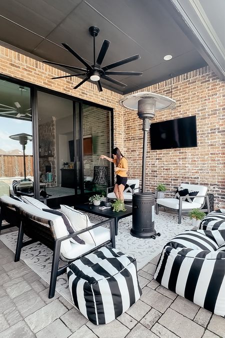 Backyard patio outdoor furniture. Black and white stripe outdoor furniture. Patio heater. Backyard refresh. Indoor outdoor rug. #walmart #outdoorfurniture #summer

#LTKhome #LTKfindsunder100 #LTKsalealert