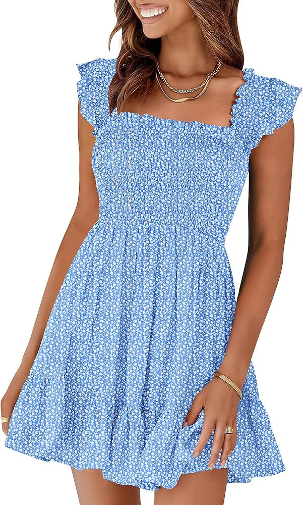 Prinbara Womens Summer Casual Square Neck Smocked Mini Short Sundress 2025 Spring Vacation Beach ... | Amazon (US)