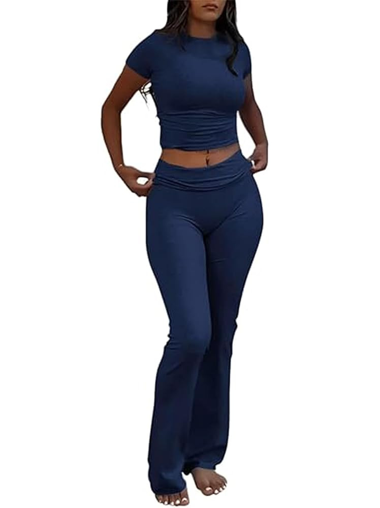 Women 2 Piece Lounge Sets Pajama Set Outfits Short Sleeve Crop Top and Foldover Flare Pants | Amazon (US)