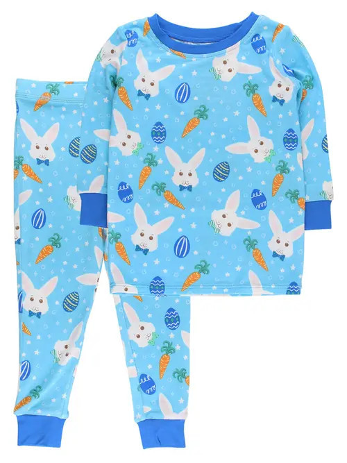 RuffleButts SoftSnooze Long Sleeve Pajama Set in Blue Bow Tie Bunnies at Nordstrom, Size 3T | Nordstrom