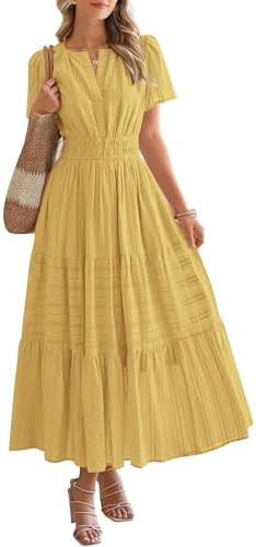 BTFBM Womens Summer 2026 Casual Midi Maxi Dresses Lightweight Short Sleeve V Neck Elastic Waist B... | Amazon (US)