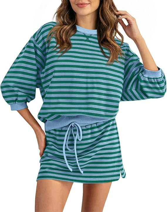 Wenrine Womens 2 Piece Striped Mini Skirt and Sweatshirt Set Long Sleeve Oversized Matching Skort... | Amazon (US)