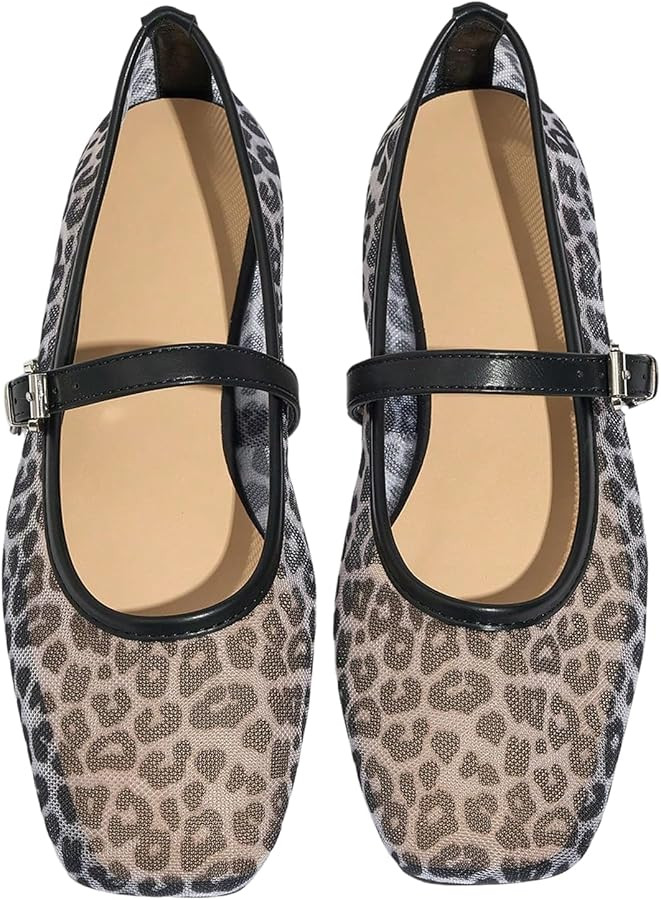 Milumia Women's Leopard Print Mesh Ballet Flats Trendy Square Closed Toe Maryjane Flat Shoes | Amazon (US)