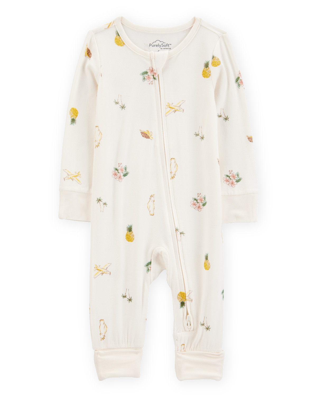 Baby Girl Tropical Print 2-Way Zip PurelySoft Convertible Foot Sleep & Play Pajamas - Ivory - Car... | Carter's Inc