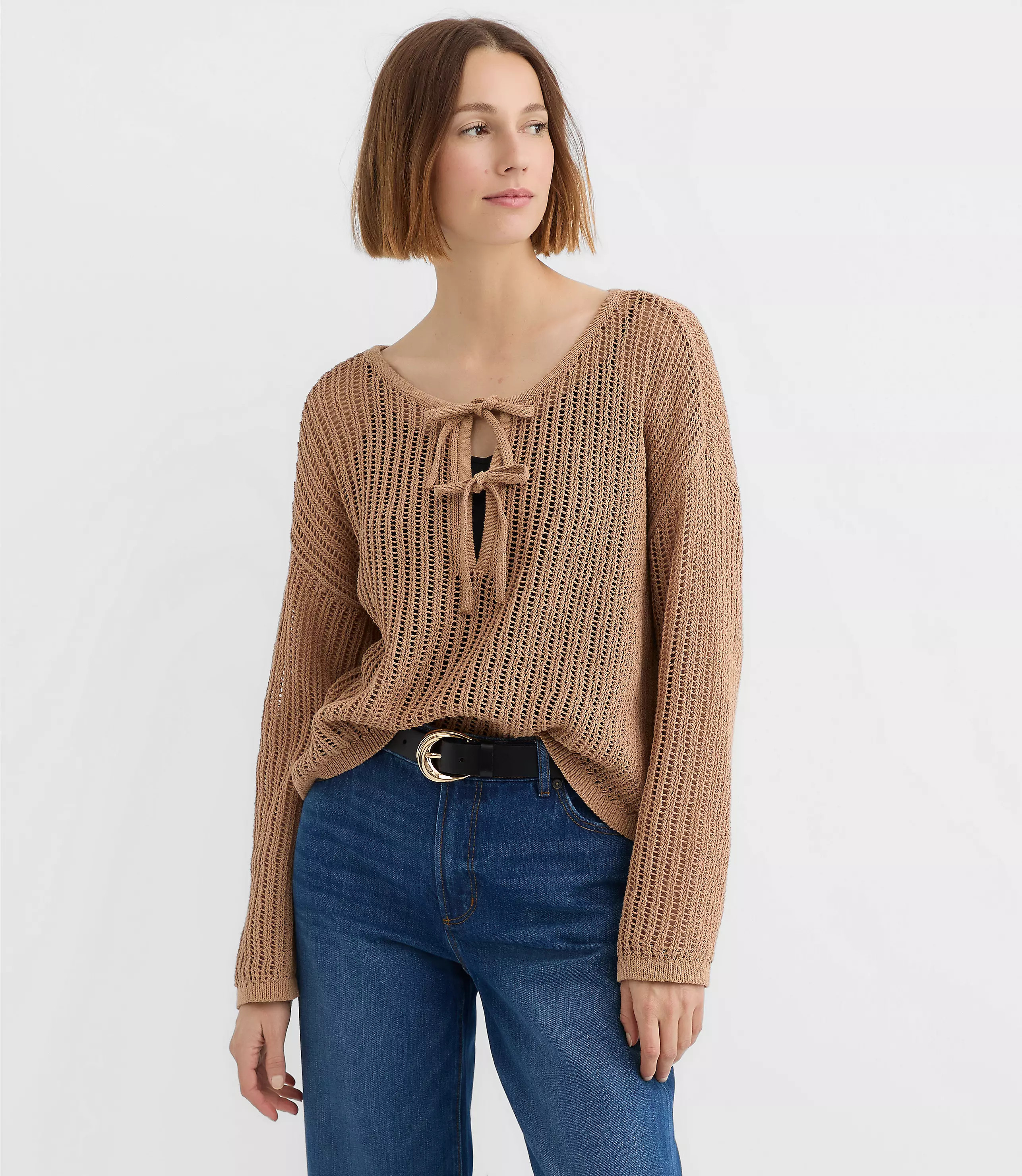 Mesh Stitch Bow Tie Sweater | LOFT