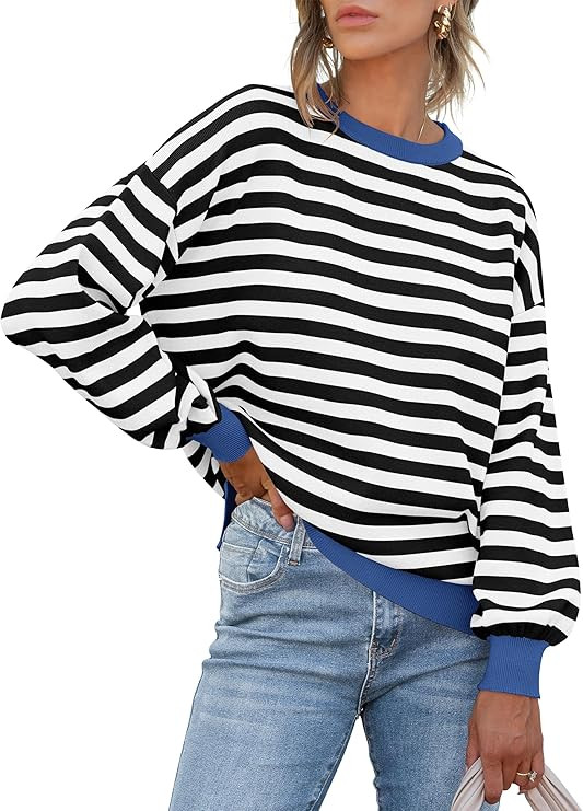 ANRABESS Women Oversized Striped Sweaters Long Sleeve Crewneck Casual Side Slit Pullover Tops 202... | Amazon (US)