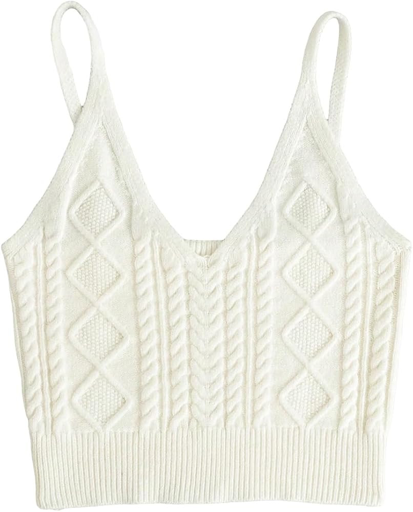 SHENHE Women's Cable Knit V Neck Spaghetti Strap Stretchy Crop Cami Top | Amazon (US)