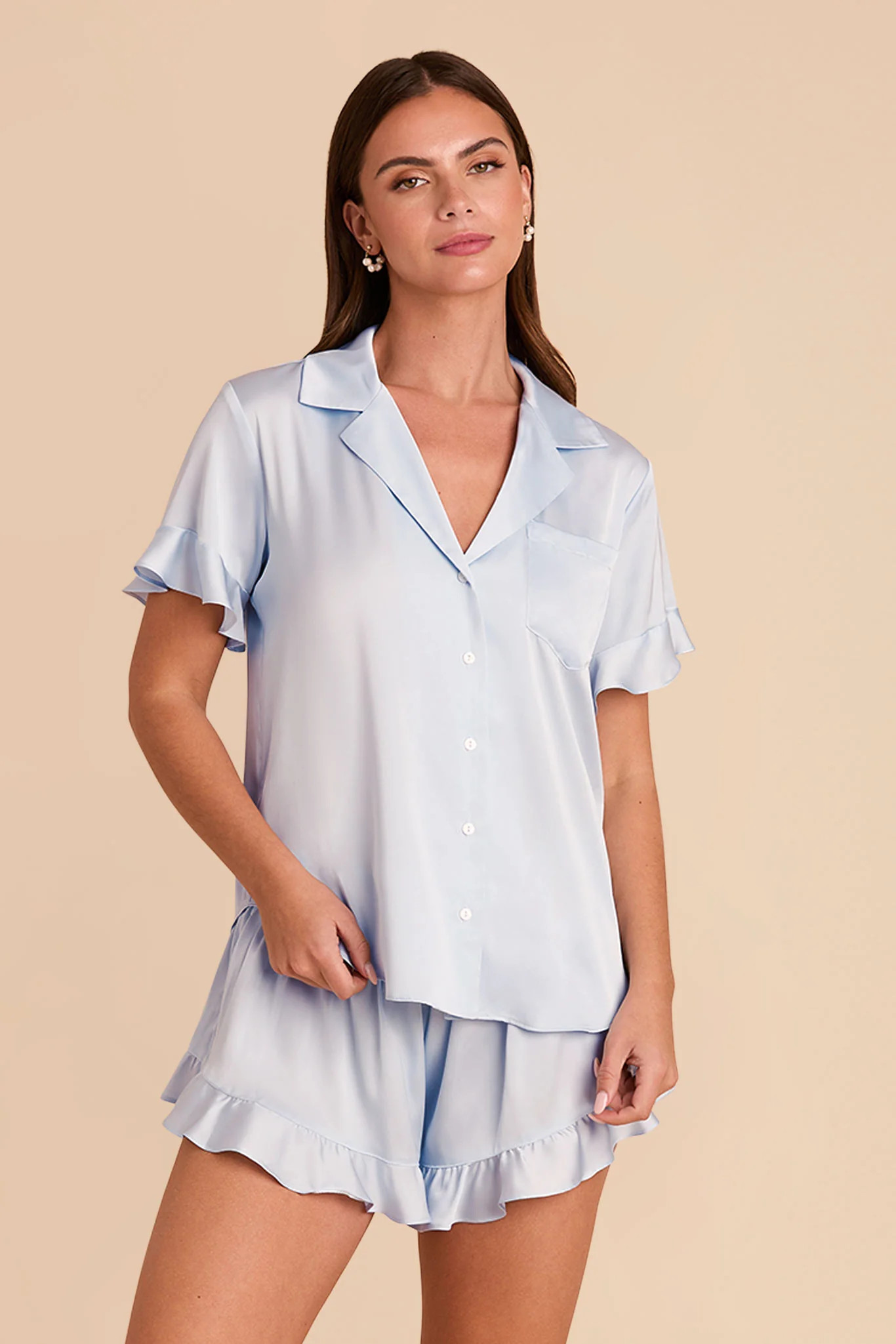 Esther Matte Satin Pajama Set in Mist Blue | Birdy Grey | Birdy Grey