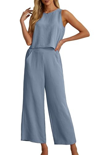 IWOLLENCE Women's Summer 2 Piece Outfits Set Round neck Sleeveless Tank Crop Top Wide Leg pants Set Pockets Jumpsuits Blue Gray X-Large | Amazon (US)