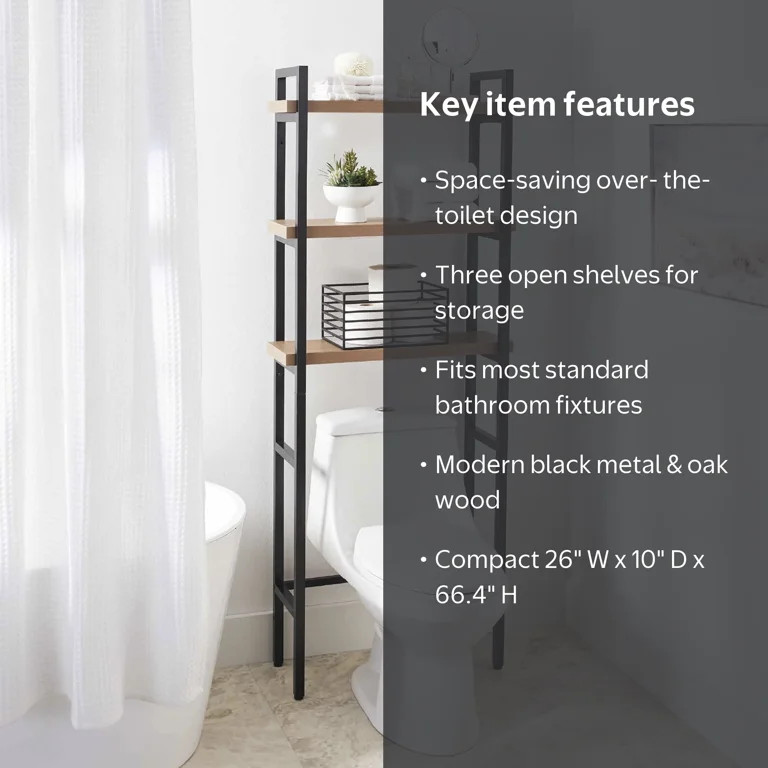 Better Homes & Gardens Jace 3-Shelf Over-the-Toilet Storage Shelf, Black Frame with Oak Shelves | Walmart (US)