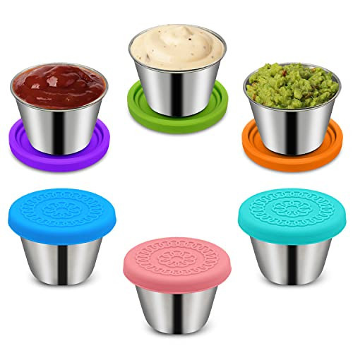 6Pack 2.4oz Small Condiment Containers with Lids, Salad Dressing Container To Go, Stainless Steel Sauce Container with Silicone Lids, Leakproof, Reusable, Small Dipping Sauce Cups with Lids | Amazon (US)