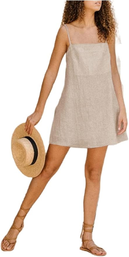 Women 2025 Summer Spaghetti Strap Mini Tank Dress Casual Solid Color Linen Back Strap Sleeveless ... | Amazon (US)