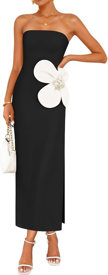 ZESICA Women's Summer Strapless Bodycon Maxi Dress 2025 Ribbed Knit Backless Floral Tube Cocktail... | Amazon (US)